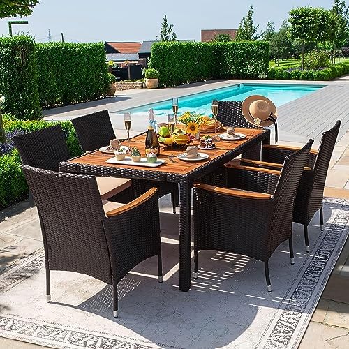 Devoko 7 PCS Acacia Wood Patio Dining Set, Black Rattan - Image 2
