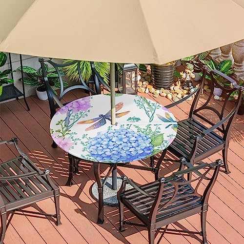 Fitted Round Tablecloth with Umbrella Hole and Zipper Flowers Hydrangeas Outdoor Elastic Table Cloth 36"-44" Oil-Proof Waterproof Dragonflies Patio Table Cover for Picnic Party - Image 7