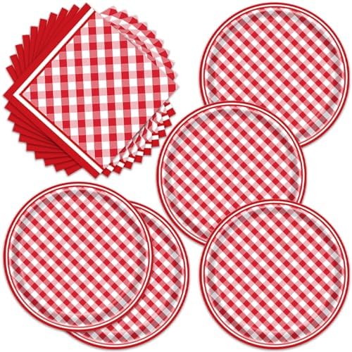 40pcs Red and White Checkered Party Supplies,include 20pcs Dessert plate and 20pcs Napkin,Party Plate Napkin Set,Used for Red Checkered Birthday Decoration by Egami