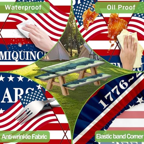 250th Anniversary America Flag Picnic Table Cover with Bench Covers Camping Essentials 250 USA Flag 1776-2026 Waterproof Fitted Camping Tablecloth Cover with Elastic Edge for Outdoor 3 PCS 30x96 Inch - Image 5