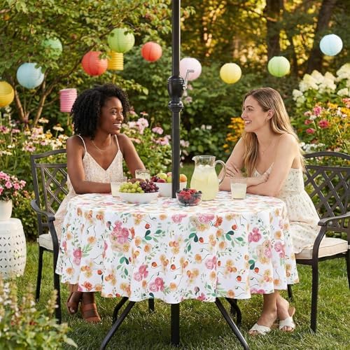 SquarePie 70 inch Round Outdoor Tablecloth with Umbrella Hole - Water Resistant SpillProof Patio Table Cover for Spring Summer Garden Camping Poolside Picnic BBQS, Rose Floral - Image 6