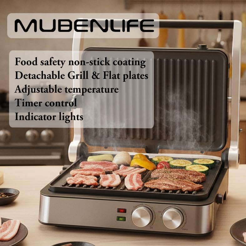 Panini Press,4 Slices Contact Grill with Removable Non-Stick Coated Grill and Flat Plates,Panini Makers with Temperature Control and Timer,Open 180 Degrees,Grill and Griddle (Silver wtih Full SUS) - Image 2