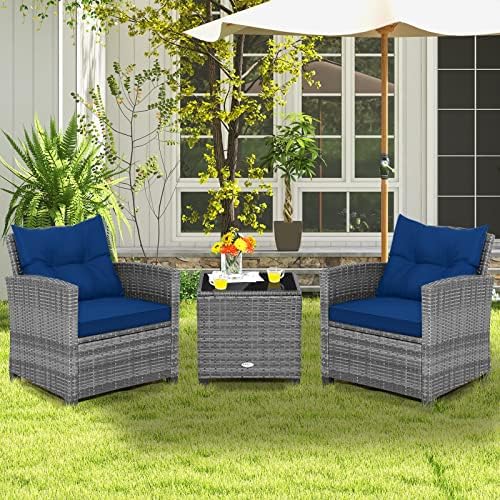 Tangkula 3 Pieces Patio Furniture Set, Outdoor PE Rattan Conversation Chair Set with Tempered Glass Side Table and Removable Cushions, PE Wicker Chairs and Table Set for Porch, Balcony and Garden - Image 2