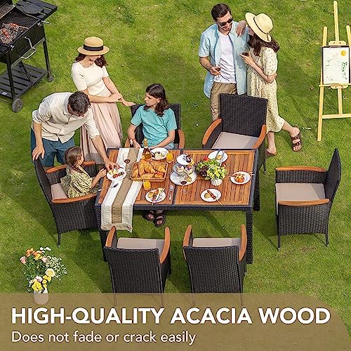 Devoko 7 PCS Acacia Wood Patio Dining Set, Black Rattan - Image 3