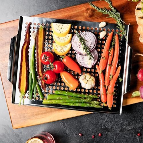 Stainless Steel BBQ Grill Topper Pan Tray for Vegetables, Meats, Skewers & Seafood - Grill Pan for Gas & Charcoal Grills & BBQ - Outdoor Cooking, Grilling, Camping & Tailgating by Mr. Bar-B-Q 06032Y - Image 4