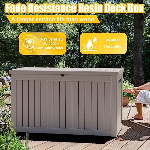 ROJIK Outdoor Storage Housing Deck Box - Waterproof Patio Furniture, Garden Tools, Cushions, Pool Accessories Storage Bench with Lockable Lid and Side Handles (Grey, 275 Gal) - Image 3
