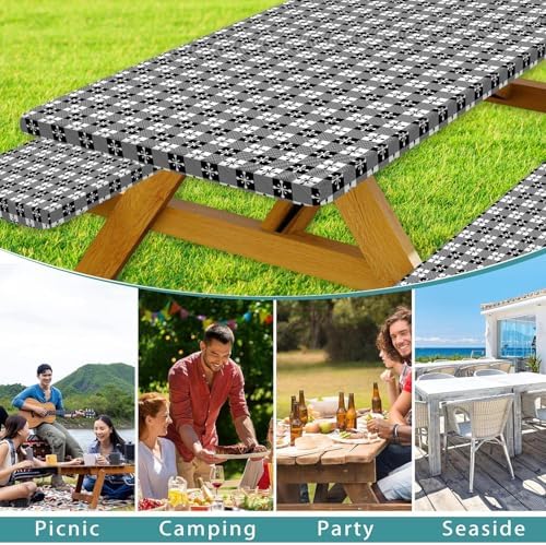 Picnic Table Cover with Bench Covers and Bag, Camping Essentials, Buffalo Plaid Waterproof and Windproof, Fitted Tablecloth Cover with Elastic Edge, for Outdoor, 3 PCS, (Black & White, 30"x72") - Image 4