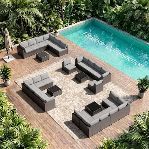 Patio Furniture Set - All-Weather - 7 Piece Patio Outdoor Conversation Set, Modular Wicker Rattan Sectional Sofa for Backyard, Garden, Poolside, Balcony, Porch, Patio, Brown/Light Gary - Image 6