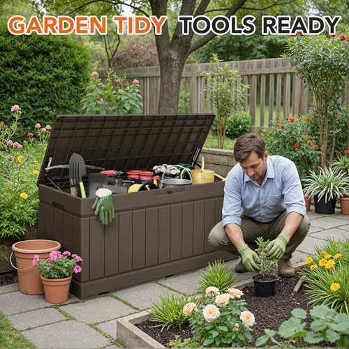 78 Gallon Deck Box Outdoor Indoor Waterproof Storage Box, Brown - Image 3