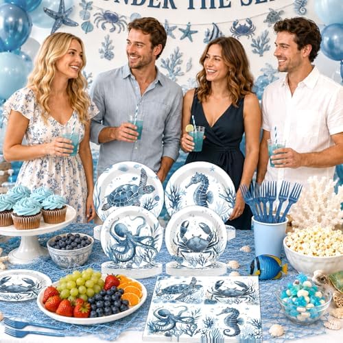 96PCS Summer Ocean Animal Party Paper Plates and Napkins Set for Under the Sea Party Paper Plates Underwater Creature Disposable Decor Sea Parties Set for Kids Birthday Gatherings Decorations - Image 6