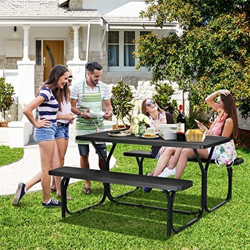ORALNER Picnic Table, Resin Dining Table & 2 Benches Set, Weather Resistant Wood Grain Tabletop & Steel Frame, Plastic Picnic Tables for Outdoors, Porch Yard Patio Lawn Party Camping (Black) - Image 3
