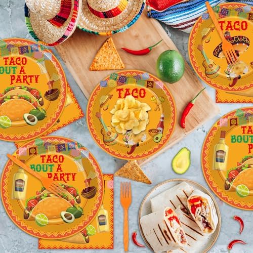 ZOiiWA 100 Pcs Let's Taco Bout A Party Supplies Tableware Set Mexican Fiesta Party Dinnerware Set Mexican Tacos Party Paper Plates Napkins Forks for Taco Party Supplies Birthday Serves 25 Guests - Image 5