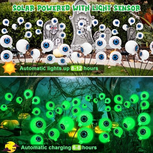 ZFNN Solar Halloween Decorations, 4 Pack 24 LED Spooky Eyeball Lights, Outdoor Waterproof Solar Green Firefly Lights for Garden Yard Patio Pathway Lawn Halloween Party - Image 3