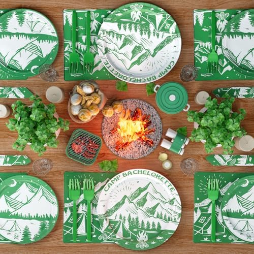 Hombae Camp Bachelorette Supplies Tableware Set, Last Trail Before the Veil Bachelorette Decor, Green Camping Bachelorette Party Decorations, Camp Theme Plates, Napkins, Forks, Serves 24 Guests - Image 7