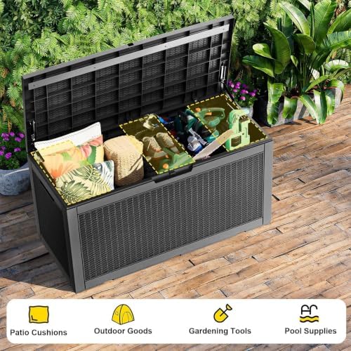 PatioZen 120 Gallon Deck Box,Resin Outdoor Storage Box with Lockable for Patio Furniture, Pool Accessories, Garden Tools Waterproof Outside Storage Box (Black) - Image 5