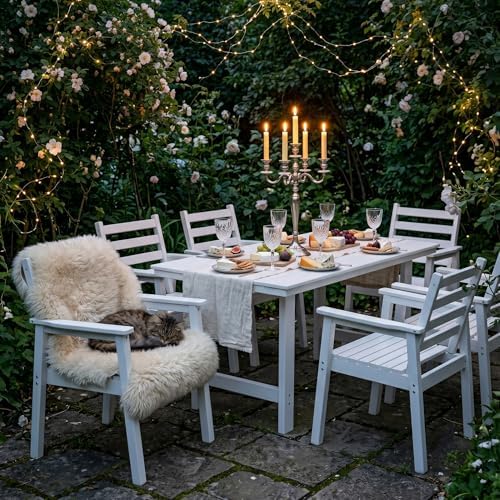7-Piece Outdoor Dining Set, All-Weather HDPE Patio Furniture, 66.5" Slatted Table with 1.6" Umbrella Hole & 6 Ergonomic Armchairs, Heavy Duty 350lbs Capacity, UV Resistant, White - Image 2