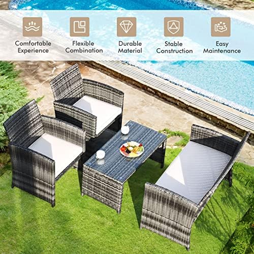 Goplus 4-Piece Rattan Patio Furniture Set, Outdoor Wicker Conversation Sofa with Weather Resistant Cushions and Tempered Glass Tabletop for Lawn Backyard Pool Garden (Beige) - Image 2