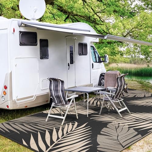 GENIMO Outdoor Rug, Waterproof Plastic Rugs 9'x18' for Camping Black Beige - Image 5