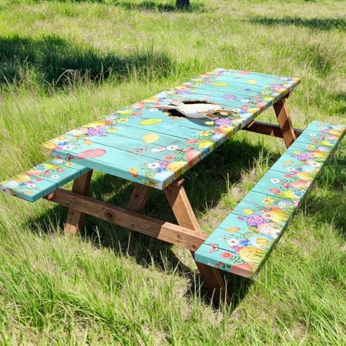 Easter Picnic Table Cover with Bench Covers, Cute Bunny Flower Blue Wooden Board Camping Tablecloth, Waterproof Windproof, Fitted Tablecloth Cover with Elastic Edge, for Outdoor, 3 PCS, 30x72 Inch - Image 2