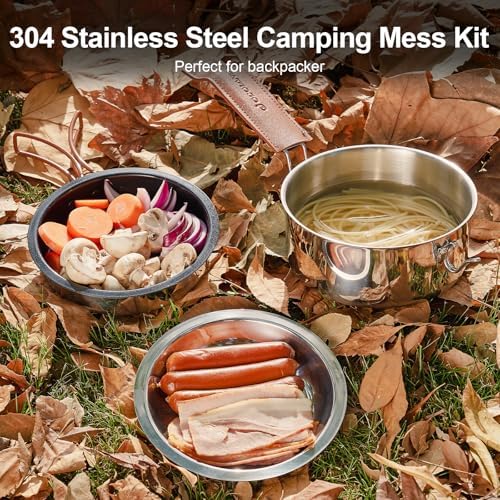 Odoland 10pcs Camping Cookware Stainless Steel Camping Pot and Pan Set with Plate Bowl Fork Knife Spoon for Backpacking, Hiking, Outdoor Cooking and Picnic - Image 2