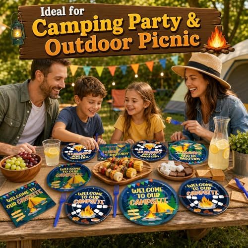 96PCS Camp Tableware Decoration Welcome to Our Campsite Party Plates Napkins Supplies Disposable Camping Favor Dessert Paper Plates Camping Adventure Campfire Party Picnics BBQ Gatherings Decoration - Image 6
