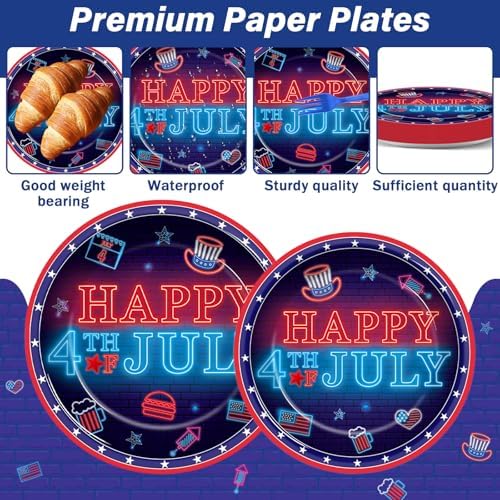 96PCS Happy 4th of July Party Plates and Napkins Neon Independence Day Decoration American Patriotic Plates Neon Red Blue Disposable Tableware for Veterans Memorial Day Birthday Gatherings Decorations - Image 3