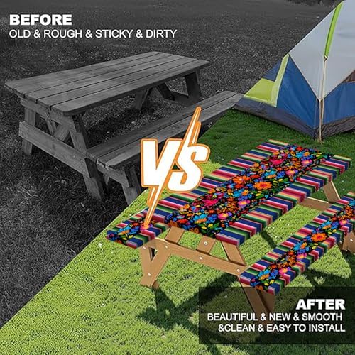 Mexico Picnic Table Cover with Bench Covers and Bag, Camping Essentials, Cinco De Mayo Fiesta Stripes Fitted Table Cover, 6ft Outdoor Tablecloth Waterproof Windproof with Elastic Edge 3 PCS 30x72 Inch - Image 5