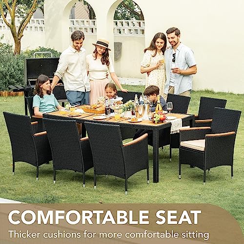 Devoko 9 PCS Acacia Wood Patio Dining Set, Black Rattan - Image 4
