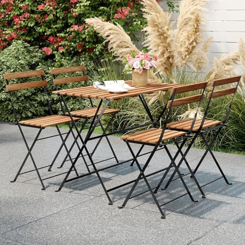 GIANTEX 5-Piece Outdoor Dining Table Set for 4, Acacia Wood Bistro Table with 4 Folding Patio Chairs, Slatted Seat & Tabletop, Metal Frame, for Yard Porch Garden Poolside (Black + Brown) - Image 2