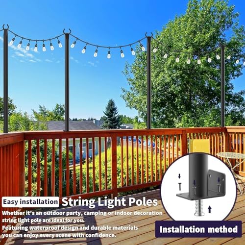 AHRLHR 5 Ft String Light Poles, 4 Pack String Light Poles for Outside with Fixing Clips,Metal Poles for Outdoor String Lights, Hanging Light Poles for Deck Fence Garden Backyard Wall Bistro - Image 2