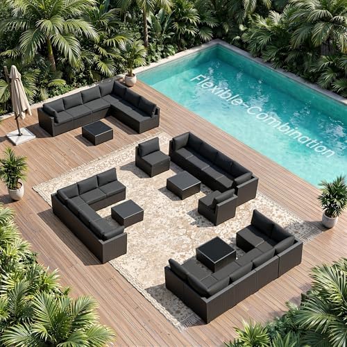 Patio Furniture Set - All-Weather - 7 Piece Patio Outdoor Conversation Set, Modular Wicker Rattan Sectional Sofa for Backyard, Garden, Poolside, Balcony, Porch, Patio,Black/Black - Image 6