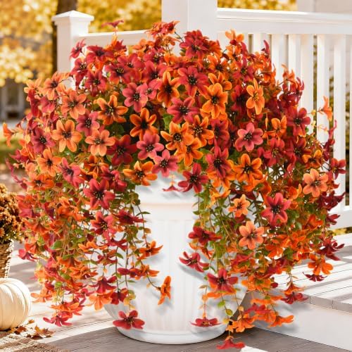 Artificial Hanging Fall Flowers for Outdoors, 2 Pcs Fake Mums Plants by ZFProcessArtificialFlowers