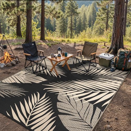 GENIMO Outdoor Rug, Waterproof Plastic Rugs for Patio, 8'x10' Black Beige - Image 5
