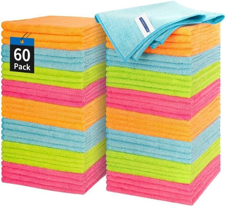 Microfiber Cleaning Cloth - 60 Pack Shop Towels, 12" x 12" Cleaning Rags Lint Free, Reusable Microfiber Towels for Cars Kitchen Automotive House Office by HOMERHYME