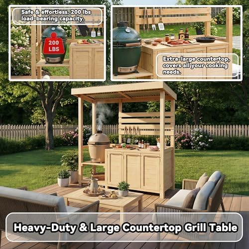 ECACAD Outdoor Kitchen Island with Canopy & Trash Can Cabinet, 6.7FT Cedar Wood Grill Bar Counter Table with Storage Cabinet & Shelves, Grill Pavilion for Patio Kitchen, Backyard, Garden, Natural - Image 5