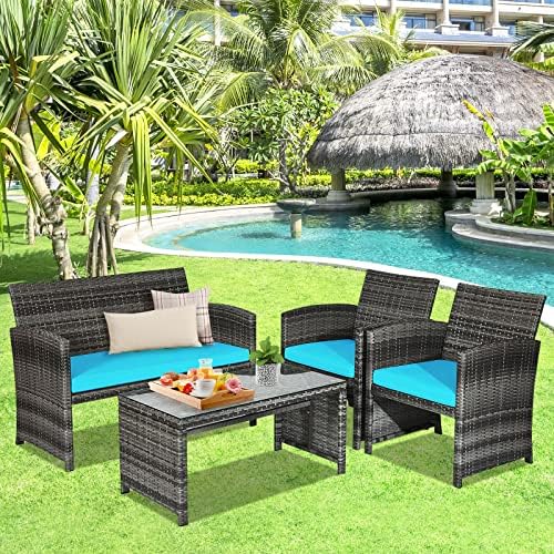 Goplus 4-Piece Rattan Patio Furniture Set, Outdoor Wicker Conversation Sofa with Weather Resistant Cushions and Tempered Glass Tabletop for Lawn Backyard Pool Garden (Turquoise) - Image 6