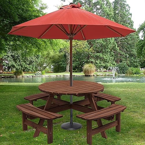 8 Person Wooden Picnic Table, Outdoor Camping Dining Table with Seat, Garden, DIY w/ 4 Built-in Benches, 2220lb Capacity Brown - Image 2