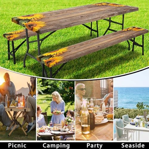 Sunflower Picnic Table Cover with Bench Covers, Waterproof Windproof, Camping Essentials, Fitted Tablecloth Cover with Elastic Edge, for Indoor & Outdoor, Garden, Camping, 3 Pieces Set, 30x72 Inch - Image 5