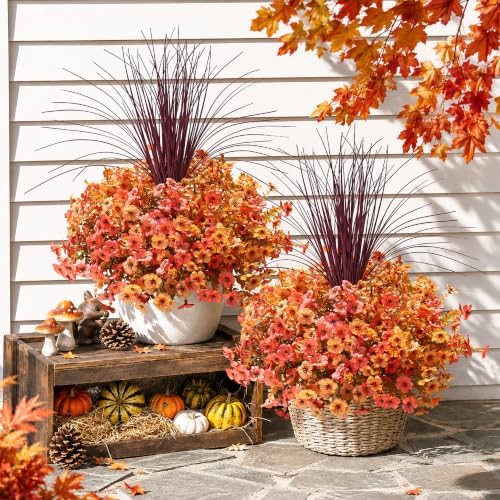 Fall Flowers Artificial Mums for Outdoors Autumn Decor, 12 Bundles Fake Fall Mums with 1 pcs Burgundy Grass UV Resistant Realistic Faux Flowers for Outside Home Porch Patio Planter Yard, Orange Yellow - Image 3