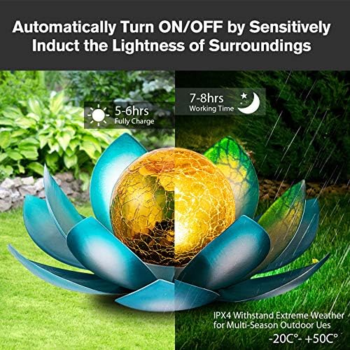 Huaxu Solar Light Outdoor Garden Decor Blue Metal Crackle Globe Glass Waterproof LED Lotus Flower Table Lamp Decorations for Patio Yard Porch Pathway Ground - Image 5