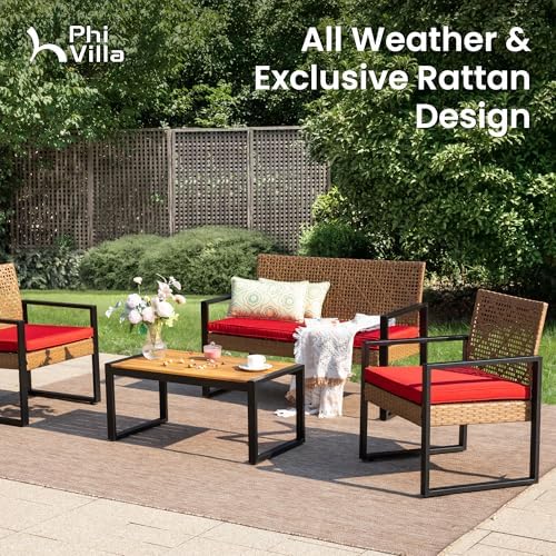 PHI VILLA 4 Piece Brown Wicker Patio Furniture Set with Red Cushion - Image 2