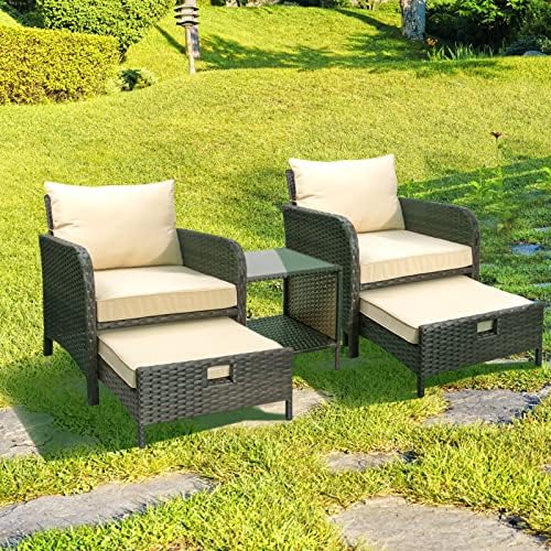 LEVELEVE Balcony Furniture 5 Piece Patio Conversation Set, PE Wicker Rattan Outdoor Lounge Chairs with Soft Cushions 2 Ottoman&Glass Table for Porch, Lawn-Brown Wicker - Image 6