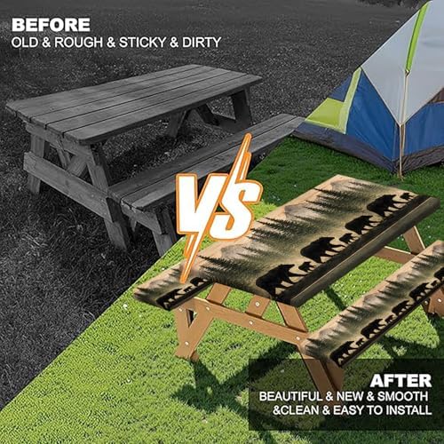Picnic Table Cover with Bench Covers and Bag, Forest Mountain Bear Wooden Waterproof Windproof, Fitted Tablecloth Cover with Elastic Edge, for Indoor & Outdoor, Garden, Camping, 3 PCS 30x60 Inch - Image 4