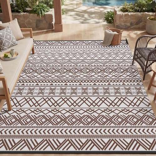 MontVoo Outdoor Rug 8x10 Waterproof Outdoor Patio Rug Mat Reverisble Plastic Straw Outdoor Rug for RV Camping Picnic Beach Balcony Boho Beige Brown by MontVoo