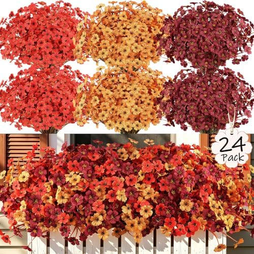 24 Bundles Fall Artificial Flowers for Outdoors Decors, Faux Mums Plants Fake Silk Flora, UV Resistant Realistic Faux Plants Greenery for Outside Farmhouse Porch Patio Window Box Planter Fall Decor by TrueGloArtficialGreenery