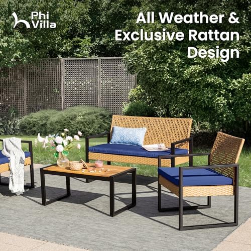 PHI VILLA 4 Piece Yellow Wicker Patio Furniture Set with Navy Cushion - Image 2