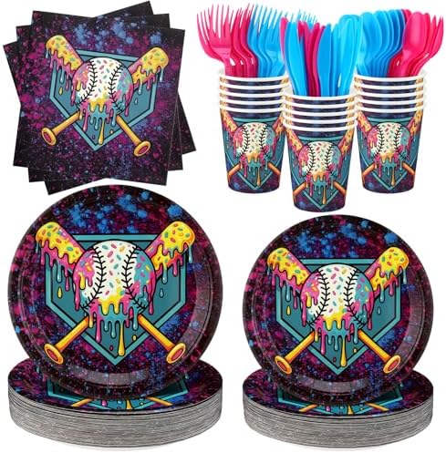 FoldTier 350 Pcs Black Ice Cream Drip Baseball Birthday Party Decorations Set Ice Cream Paper Plates Napkins Fork Set Disposable Fairy Tableware Decorations Supplies for Baby Shower Dinner Serves 50 by FoldTier