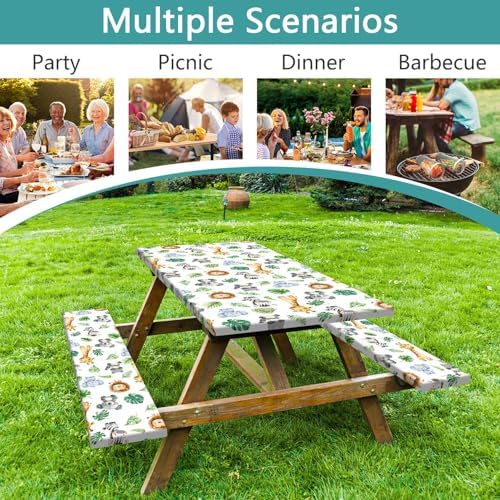 Jungle Safari Picnic Table Cover with Bench Covers, Camping Essentials, Animal Print Waterproof Windproof Table Cover, Fitted Tablecloth Cover with Elastic Edge, for Indoor & Outdoor 3 PCS 30x60 Inch - Image 3