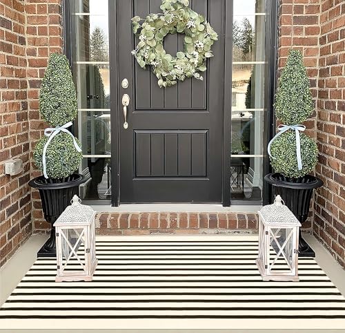 Outdoor Rug 3'x 5',Black and Beige Striped Front Porch Rug Entrance Decor - Image 6