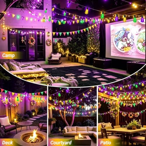 26FT Yellow Purple Green Outdoor String Lights, Mardi Gras ST38 Patio Lights 12+1 Shatterproof Edison Bulbs, Waterproof Connectable LED Outside Lights for Backyard Porch Carnival Christmas Party Decor - Image 2